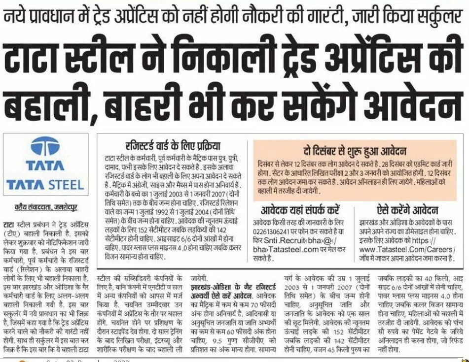 Tata Steel Apprentice 2022 Online Form